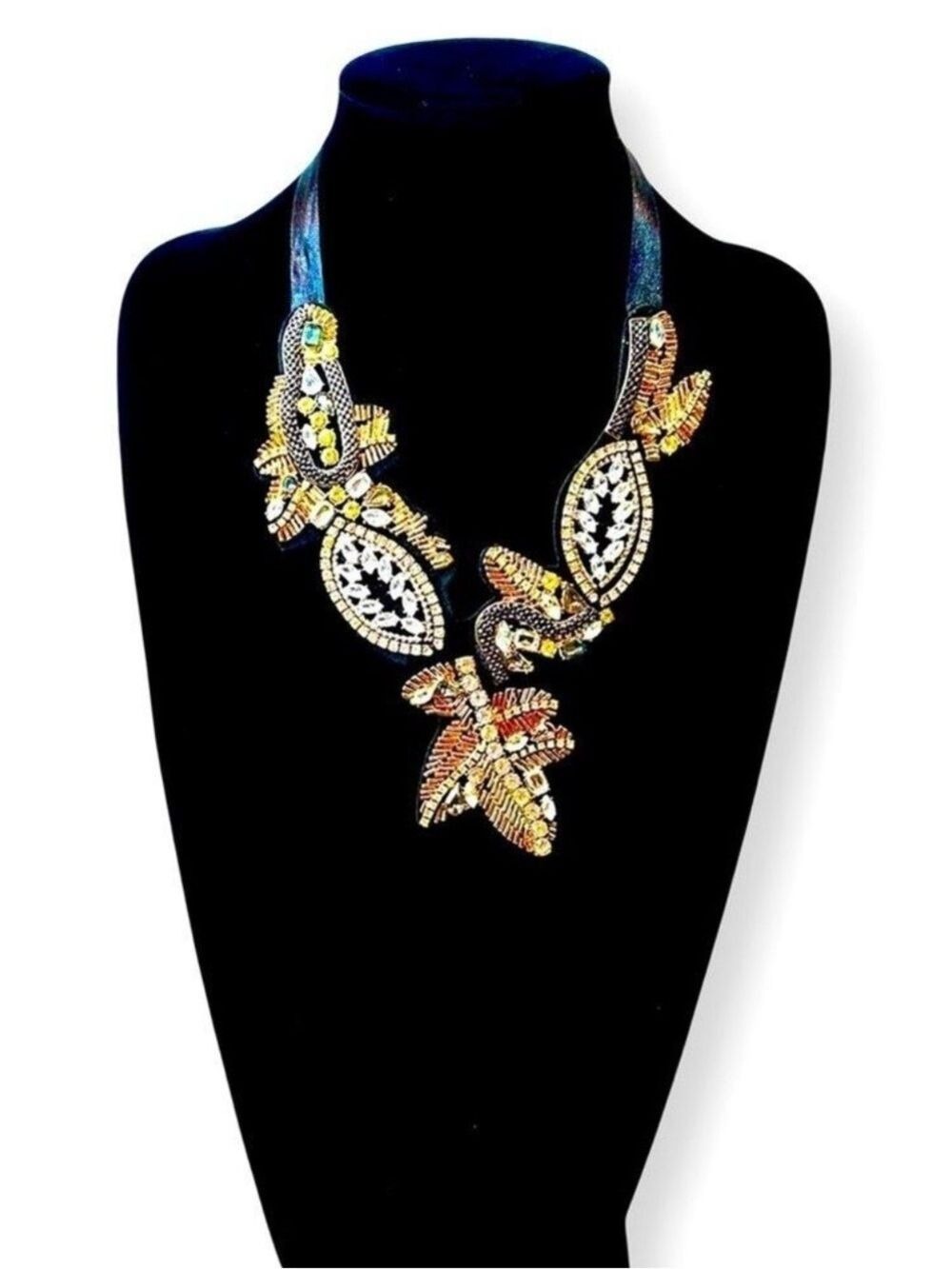 Mixed Metal Hand Beaded Bib Necklace Floral Fantasy Ribbon Tie Closure NIB